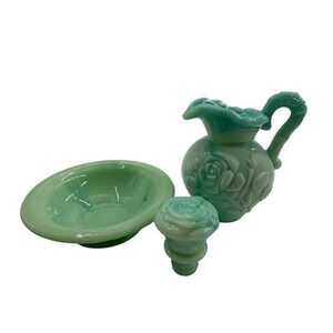 Avon Pitcher and Bowl Set Small Green Jadeite Slag Glass Floral Embossed Vintage